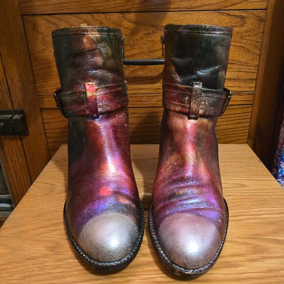 HANDCRAFTED Upcycled Leather Boots HANDPAINTED Size 9M Ankle Bootie Wearable Art - Picture 3 of 17